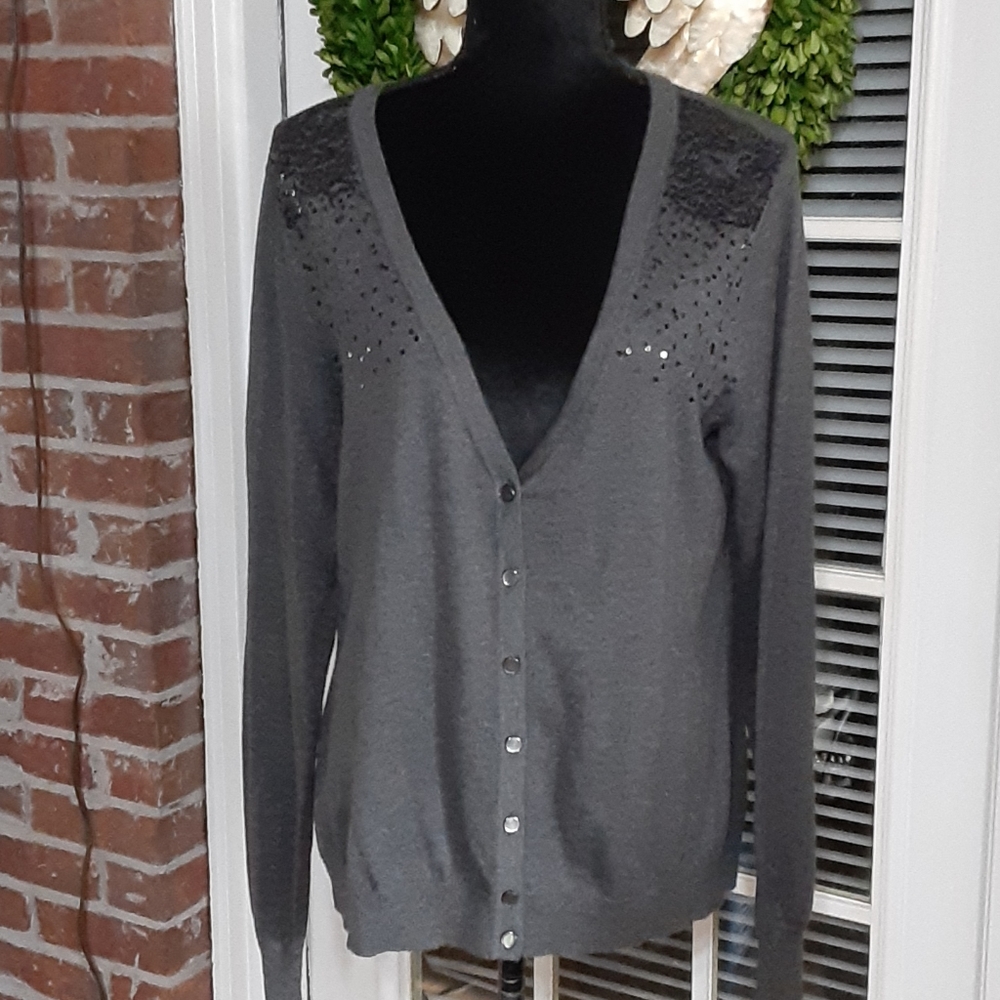 Merona dark gray cardigan black sequined V neck long sleeves size XL Like New …